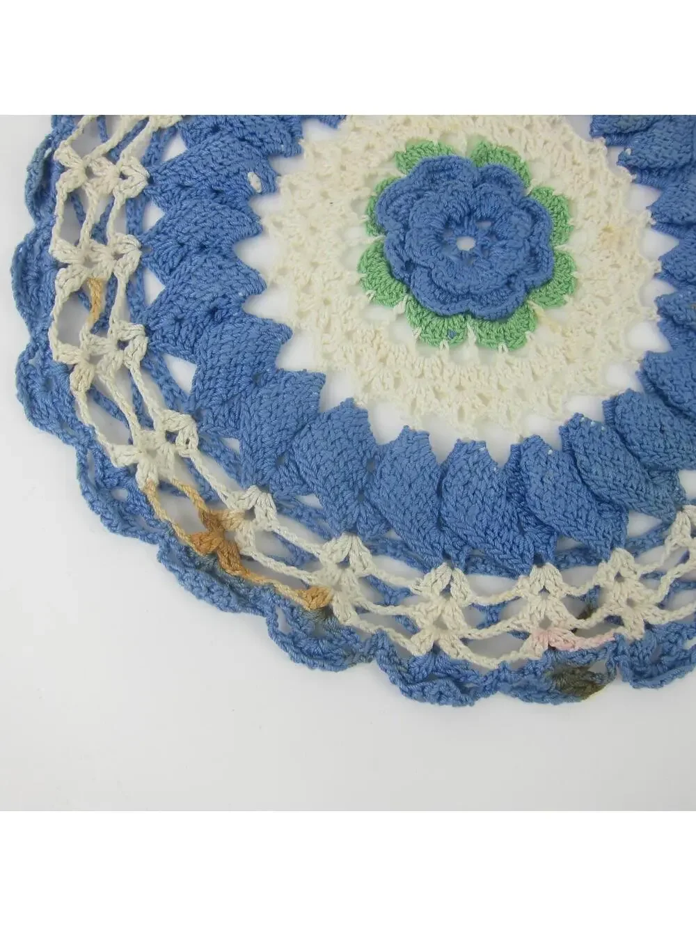 Vintage Rose Hot Plate Doily Blue Flower Cream Green 9.5